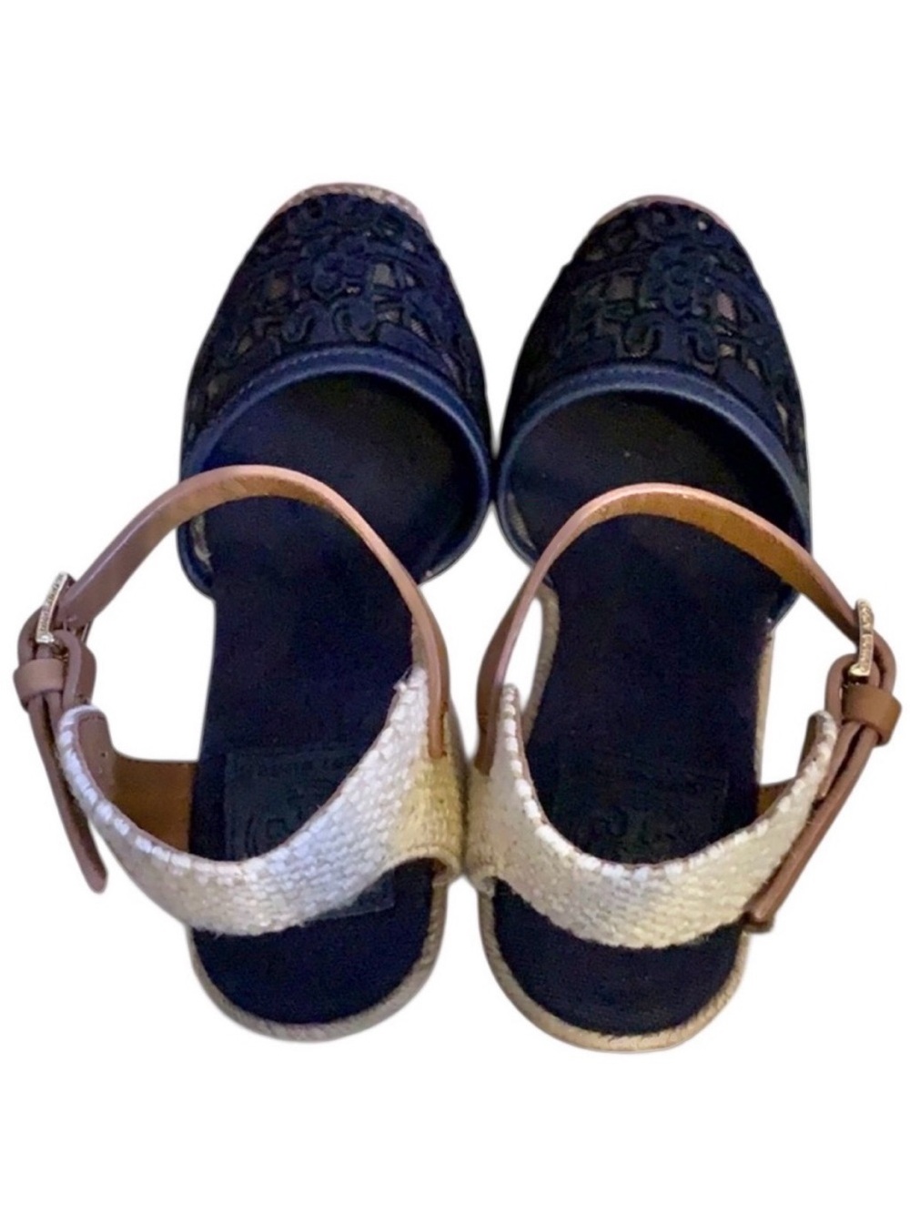 TORY BURCH Navy & Tan Lucia Lace Espadrille Wedge Platform Sandal - Picture 6 of 7